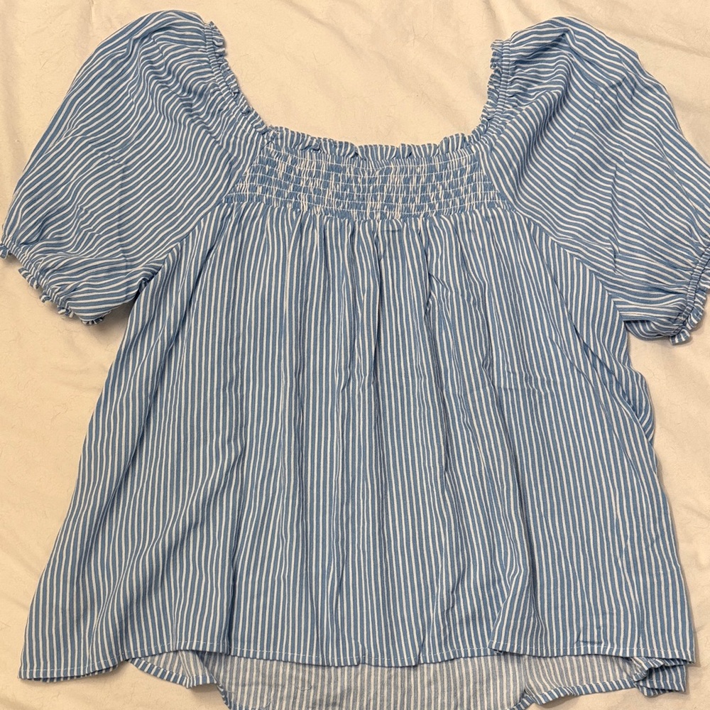 Old Navy Blue & White Striped Puff Sleeve Smocked Top